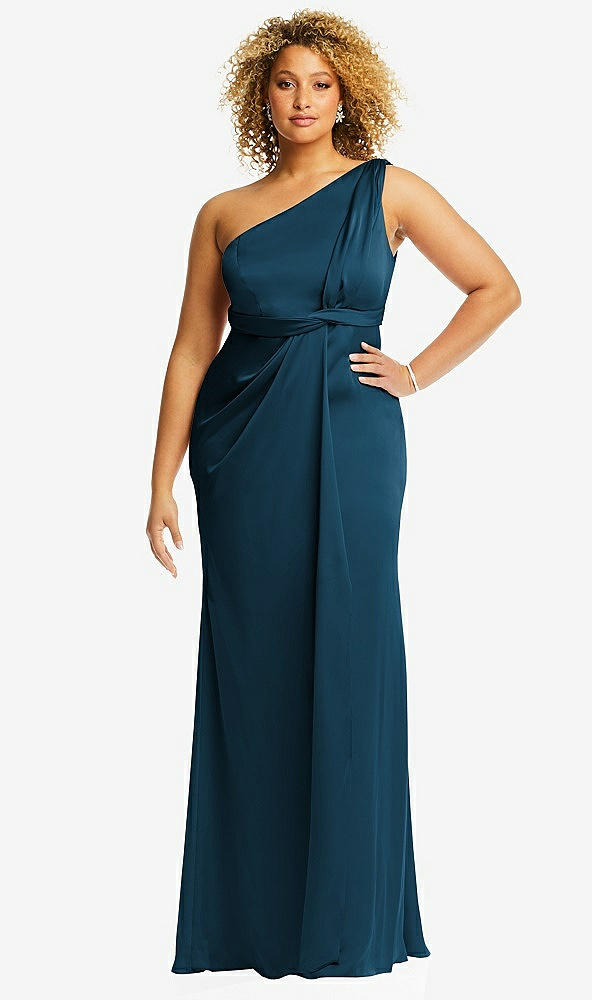 Front View - Atlantic Blue One-Shoulder Draped Twist Empire Waist Trumpet Gown