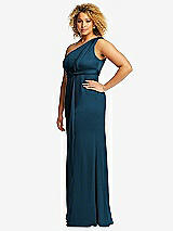 Side View Thumbnail - Atlantic Blue One-Shoulder Draped Twist Empire Waist Trumpet Gown