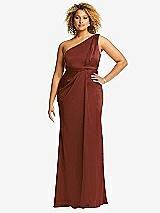 Front View Thumbnail - Auburn Moon One-Shoulder Draped Twist Empire Waist Trumpet Gown