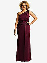 Front View Thumbnail - Cabernet One-Shoulder Draped Twist Empire Waist Trumpet Gown