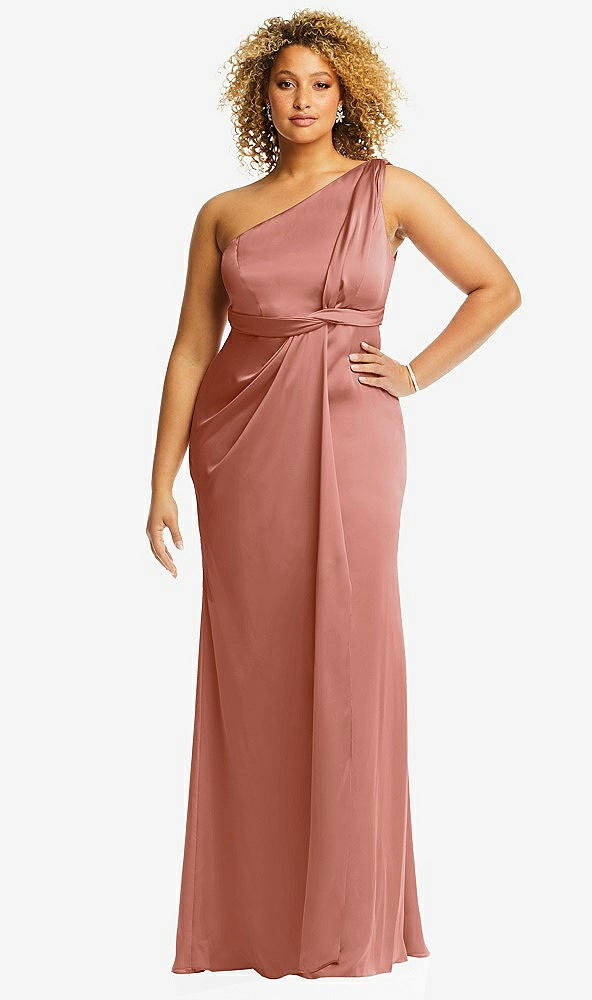 Front View - Desert Rose One-Shoulder Draped Twist Empire Waist Trumpet Gown