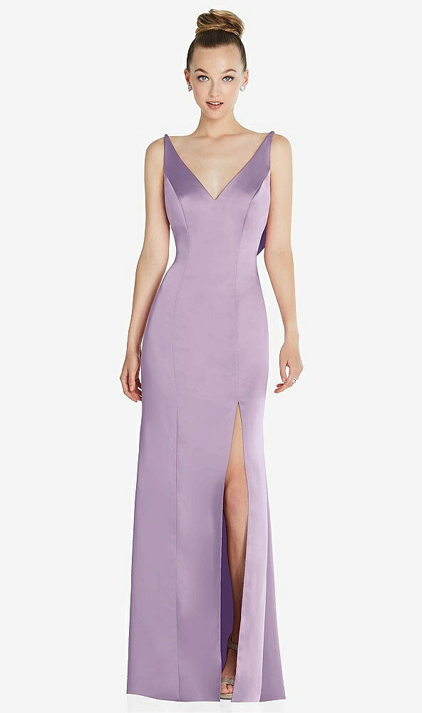 Back View - Pale Purple Draped Cowl-Back Princess Line Dress with Front Slit