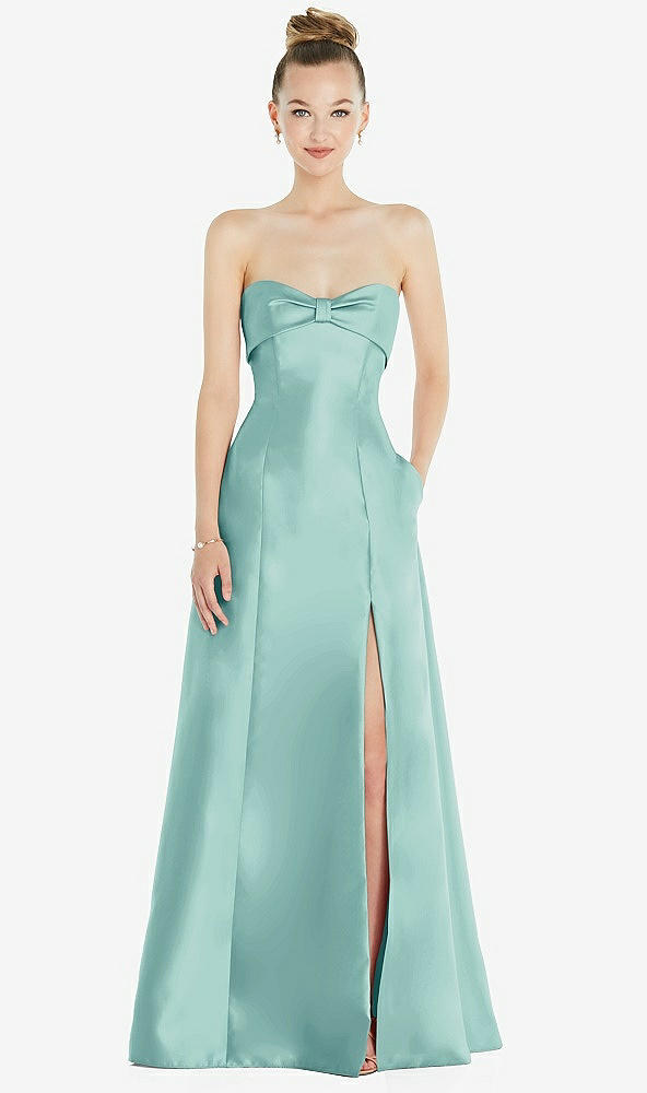 Front View - Coastal Bow Cuff Strapless Satin Ball Gown with Pockets