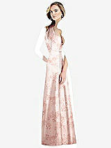 Side View Thumbnail - Bow And Blossom Print Pleated Draped One-Shoulder Floral Satin Gown with Pockets