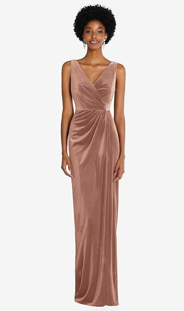 Front View - Tawny Rose Draped Skirt Faux Wrap Velvet Maxi Dress