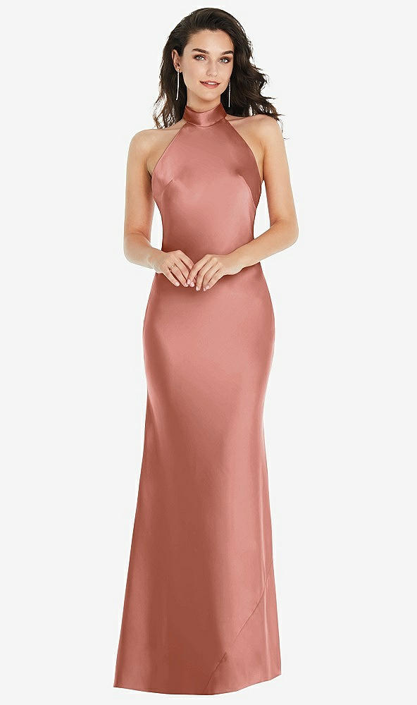 Front View - Desert Rose Scarf Tie High-Neck Halter Maxi Slip Dress