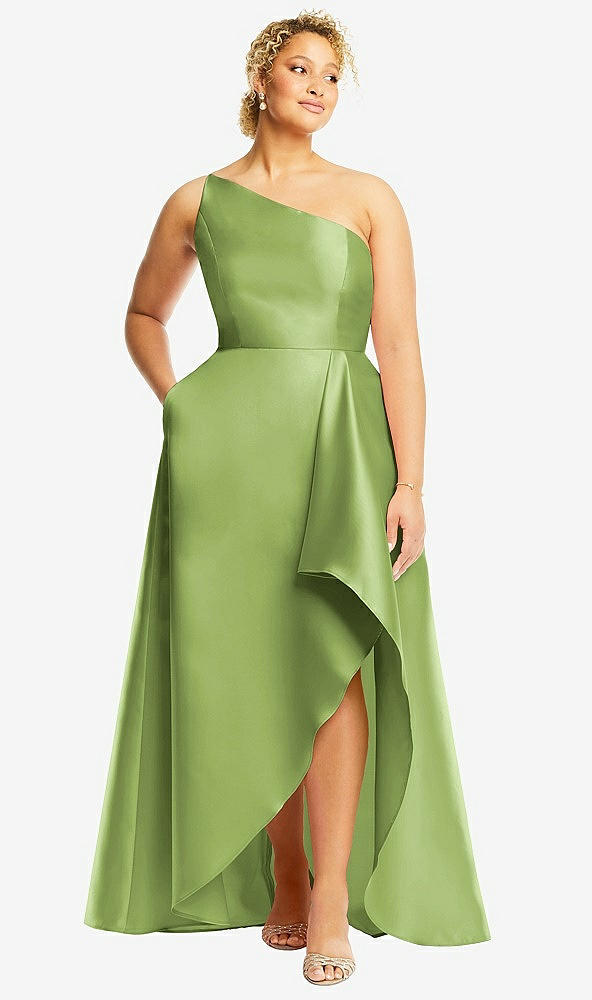 one-shoulder satin gown with draped front slit and pockets