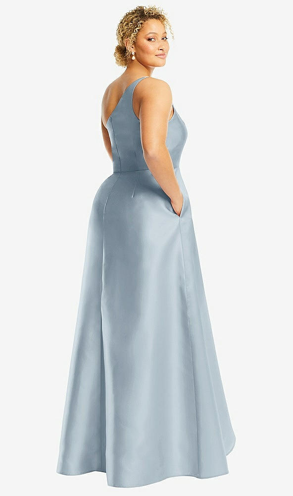 Back View - Mist One-Shoulder Satin Gown with Draped Front Slit and Pockets