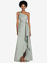 Alt View 1 Thumbnail - Willow Green One-Shoulder Satin Gown with Draped Front Slit and Pockets