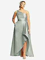 Front View Thumbnail - Willow Green One-Shoulder Satin Gown with Draped Front Slit and Pockets