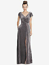 Front View Thumbnail - Caviar Gray Cap Sleeve Faux Wrap Velvet Maxi Dress with Pockets