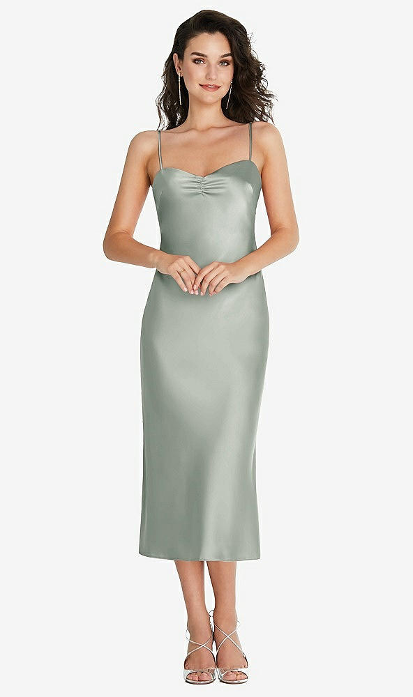 Front View - Willow Green Open-Back Convertible Strap Midi Bias Slip Dress