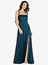 Alt View 1 Thumbnail - Atlantic Blue Skinny Tie-Shoulder Satin Maxi Dress with Front Slit