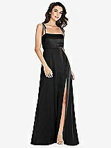 Alt View 1 Thumbnail - Black Skinny Tie-Shoulder Satin Maxi Dress with Front Slit