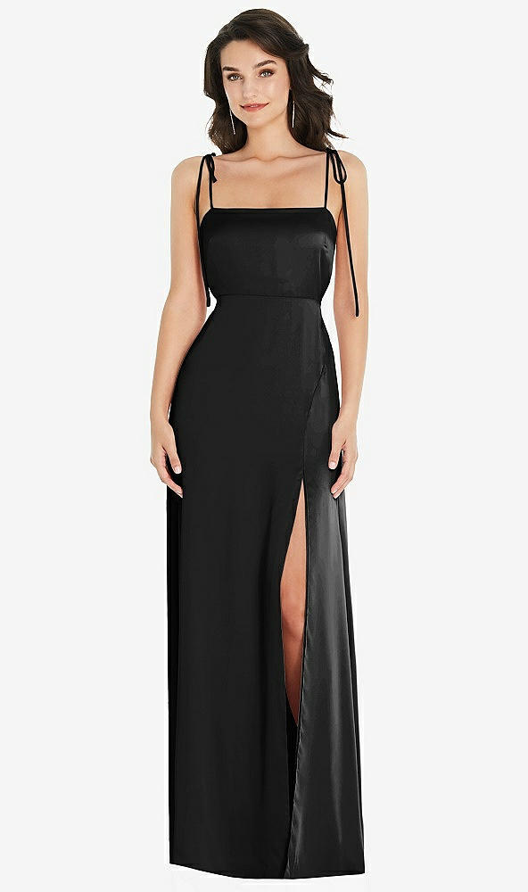 Front View - Black Skinny Tie-Shoulder Satin Maxi Dress with Front Slit