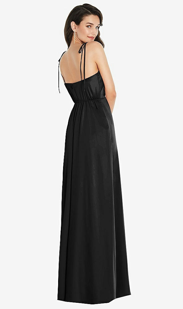 Back View - Black Skinny Tie-Shoulder Satin Maxi Dress with Front Slit