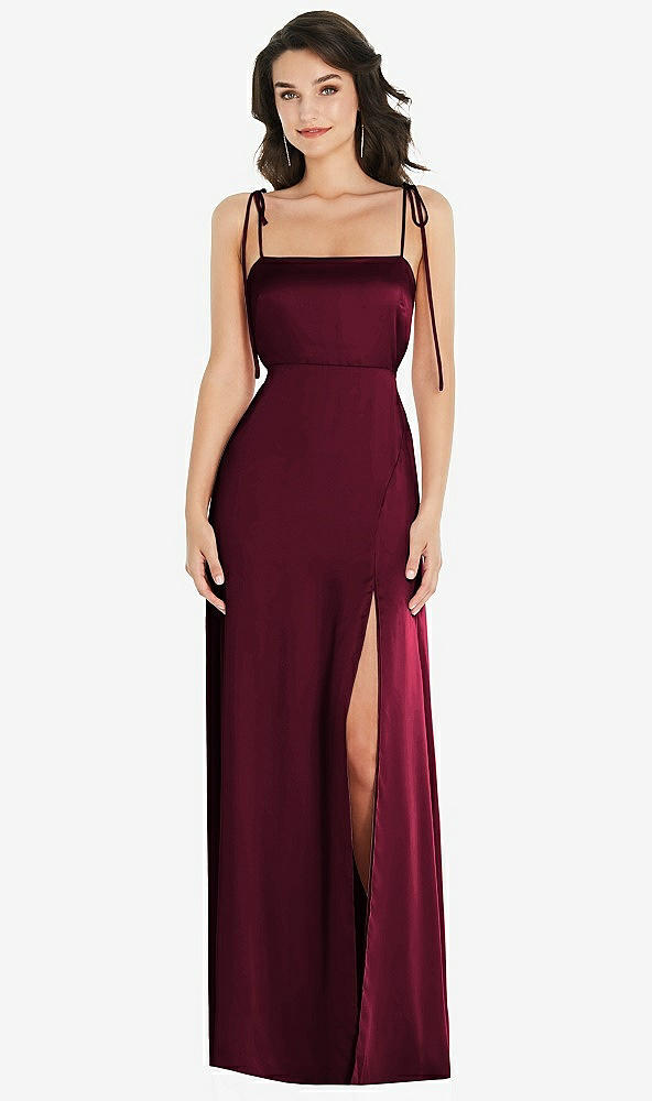 Front View - Cabernet Skinny Tie-Shoulder Satin Maxi Dress with Front Slit