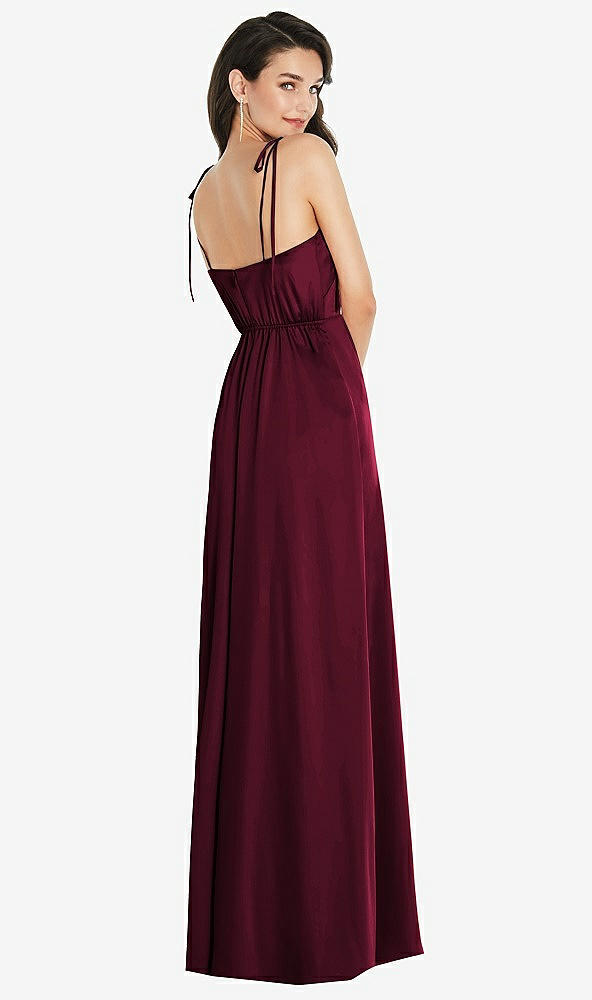 Back View - Cabernet Skinny Tie-Shoulder Satin Maxi Dress with Front Slit