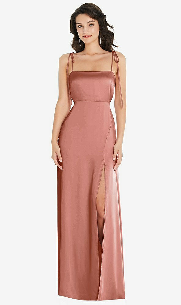 Front View - Desert Rose Skinny Tie-Shoulder Satin Maxi Dress with Front Slit