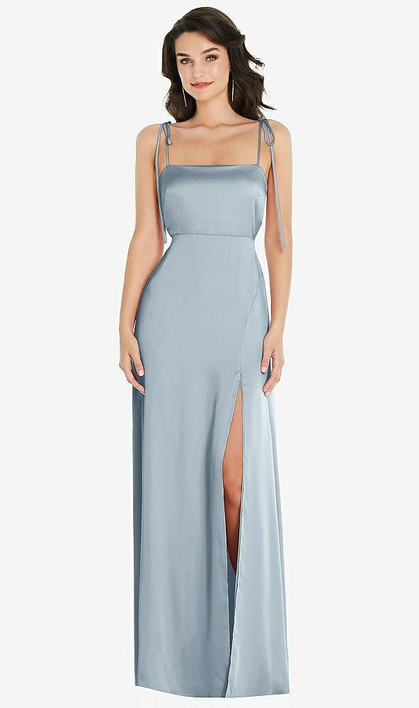 Front View - Mist Skinny Tie-Shoulder Satin Maxi Dress with Front Slit