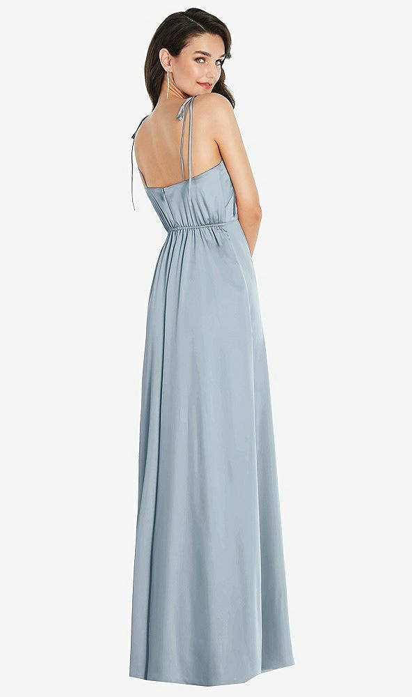 Back View - Mist Skinny Tie-Shoulder Satin Maxi Dress with Front Slit