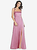 Alt View 1 Thumbnail - Powder Pink Skinny Tie-Shoulder Satin Maxi Dress with Front Slit