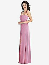 Side View Thumbnail - Powder Pink Skinny Tie-Shoulder Satin Maxi Dress with Front Slit