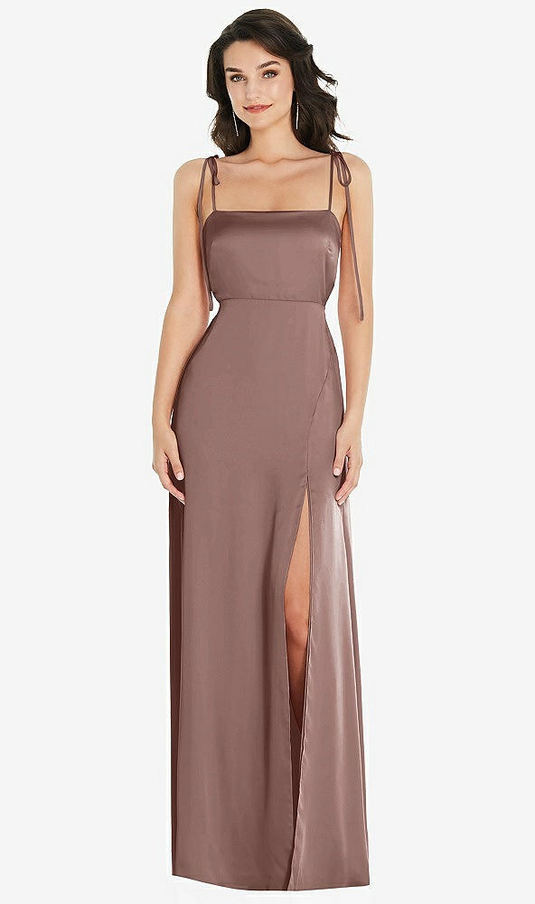 Front View - Sienna Skinny Tie-Shoulder Satin Maxi Dress with Front Slit