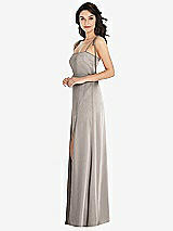 Side View Thumbnail - Taupe Skinny Tie-Shoulder Satin Maxi Dress with Front Slit