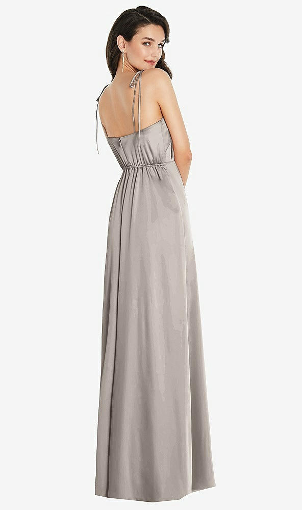 Back View - Taupe Skinny Tie-Shoulder Satin Maxi Dress with Front Slit