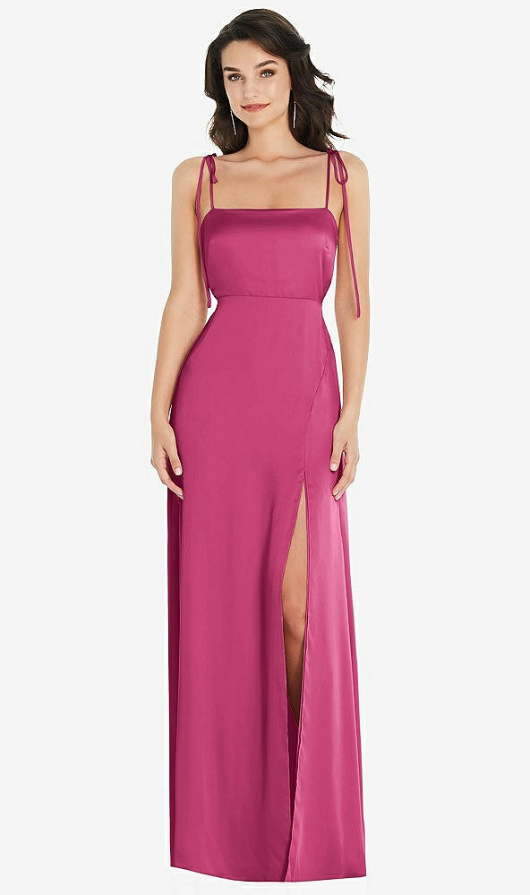 Front View - Tea Rose Skinny Tie-Shoulder Satin Maxi Dress with Front Slit