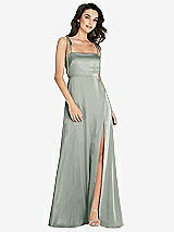 Alt View 1 Thumbnail - Willow Green Skinny Tie-Shoulder Satin Maxi Dress with Front Slit