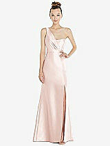 Front View Thumbnail - Blush Draped One-Shoulder Satin Trumpet Gown with Front Slit