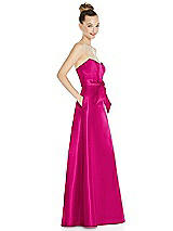 Side View Thumbnail - Think Pink Basque-Neck Strapless Satin Gown with Mini Sash