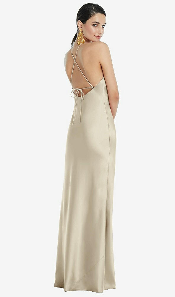 Back View - Champagne Diamond Halter Bias Maxi Slip Dress with Convertible Straps