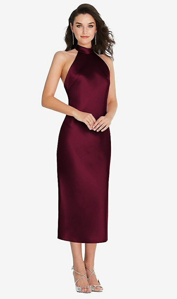 Front View - Cabernet Scarf Tie High-Neck Halter Midi Slip Dress