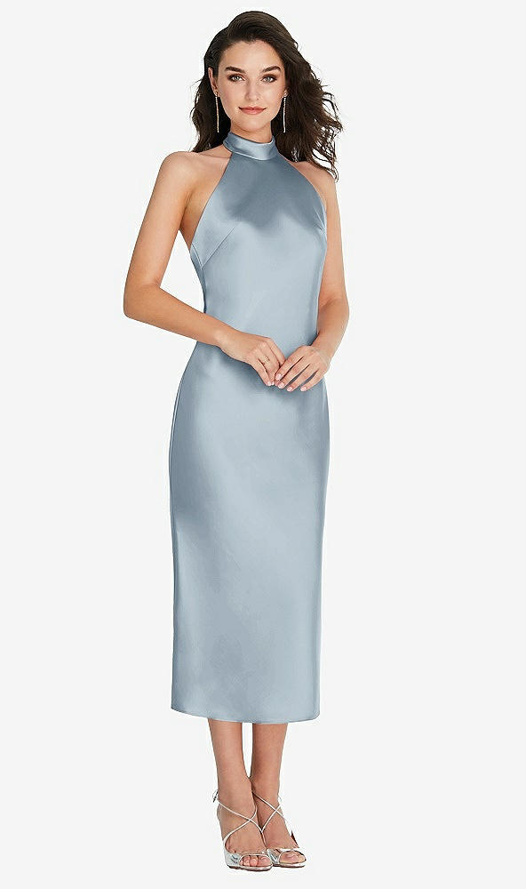 Front View - Mist Scarf Tie High-Neck Halter Midi Slip Dress