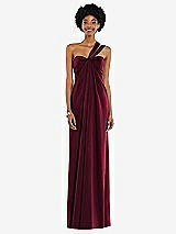 Alt View 7 Thumbnail - Cabernet Draped Satin Grecian Column Gown with Convertible Straps