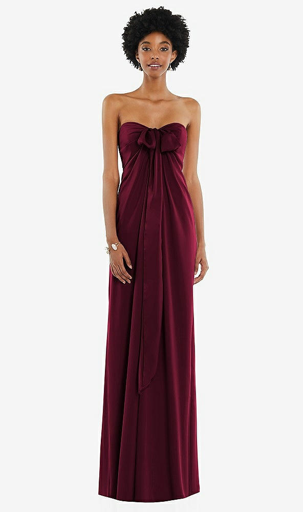 Front View - Cabernet Draped Satin Grecian Column Gown with Convertible Straps