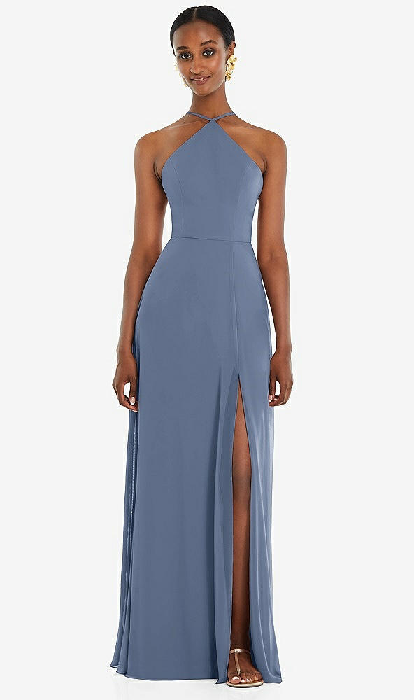 Front View - Larkspur Blue Diamond Halter Maxi Dress with Adjustable Straps