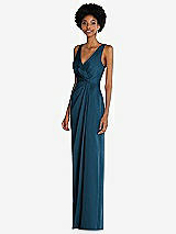 Alt View 2 Thumbnail - Atlantic Blue Faux Wrap Whisper Satin Maxi Dress with Draped Tulip Skirt