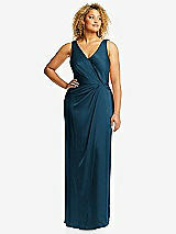 Front View Thumbnail - Atlantic Blue Faux Wrap Whisper Satin Maxi Dress with Draped Tulip Skirt