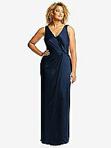 Front View Thumbnail - Midnight Navy Faux Wrap Whisper Satin Maxi Dress with Draped Tulip Skirt