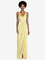 Alt View 1 Thumbnail - Pale Yellow Faux Wrap Whisper Satin Maxi Dress with Draped Tulip Skirt