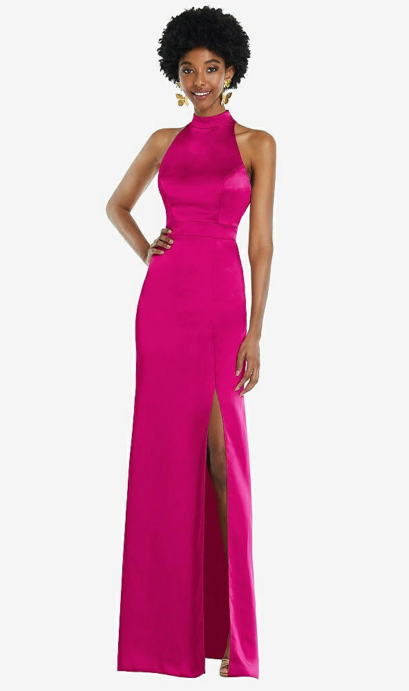 Back View - Think Pink High Neck Backless Maxi Dress with Slim Belt