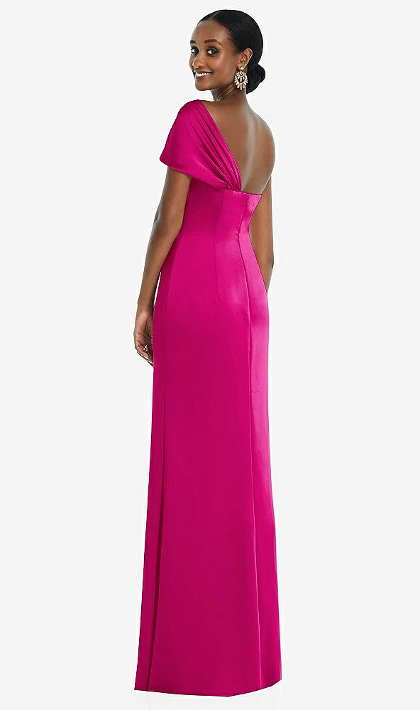 Back View - Think Pink Twist Cuff One-Shoulder Princess Line Trumpet Gown