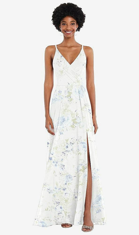 Front View - Bleu Garden Faux Wrap Criss Cross Back Maxi Dress with Adjustable Straps