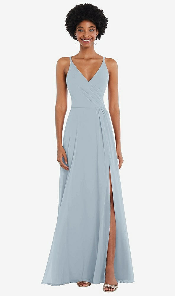 Front View - Mist Faux Wrap Criss Cross Back Maxi Dress with Adjustable Straps