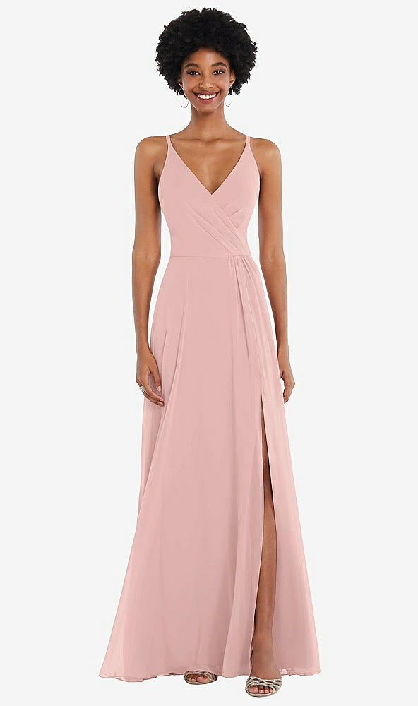 Front View - Rose Faux Wrap Criss Cross Back Maxi Dress with Adjustable Straps