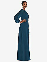 Side View Thumbnail - Atlantic Blue Strapless Chiffon Maxi Dress with Puff Sleeve Blouson Overlay 